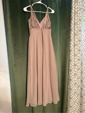 Azazie Taupe Lace Bodice Spaghetti-Strap Maxi Dress